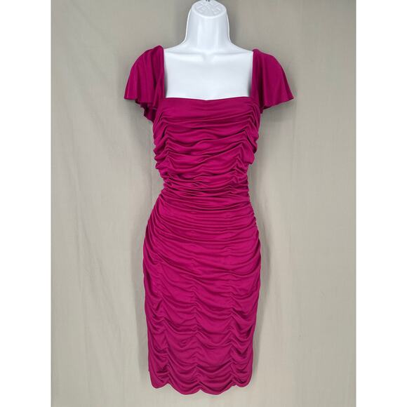 90s Vintage Kay Unger Dress Womens Medium Pink Midi Party Ruched Bodycon Stretch - Picture 1 of 11